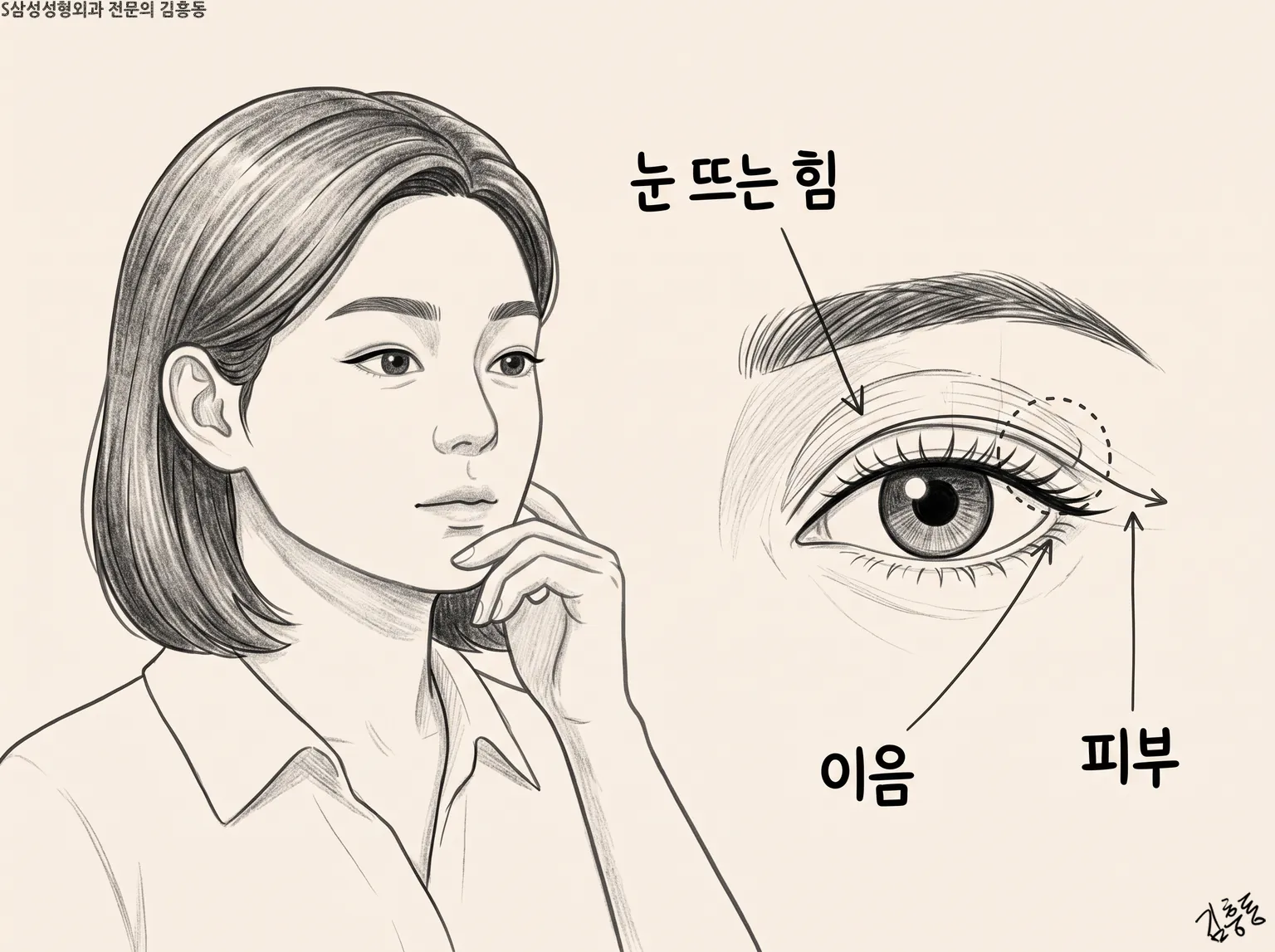 눈 뜨는 힘 · 이음 · 피부 이름표를 단, 여성 옆얼굴과 눈 확대 연필 그림