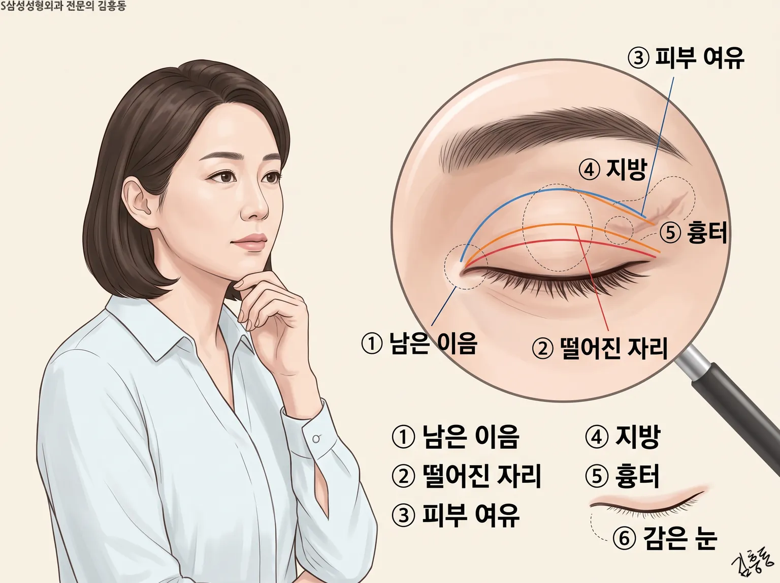 남은 이음부터 감은 눈까지 번호 이름표를 단 눈꺼풀 확대경과 생각에 잠긴 여성 그림