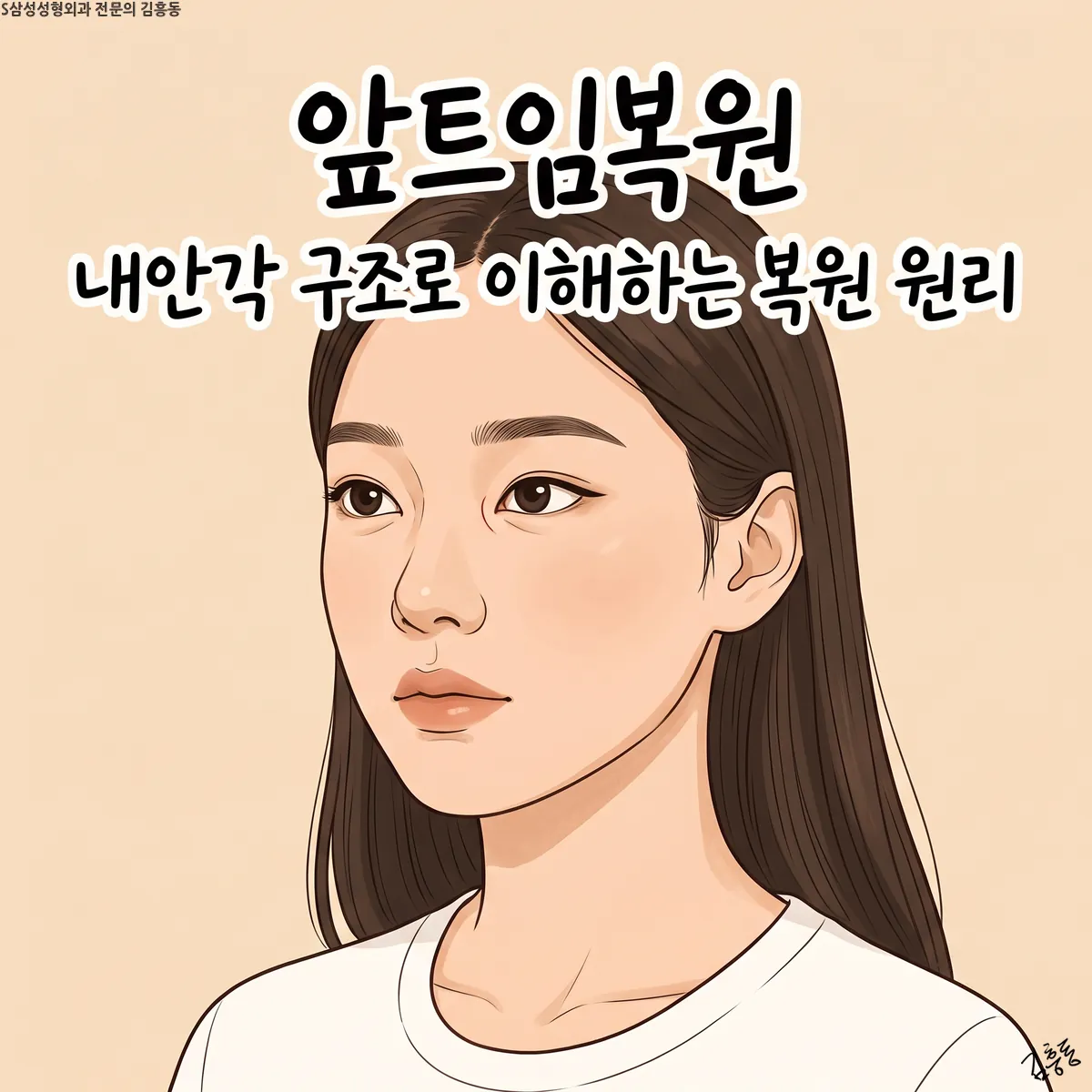 「앞트임복원」 「내안각 구조로 이해하는 복원 원리」라는 제목이 적힌, 긴 머리 여성 얼굴 그림