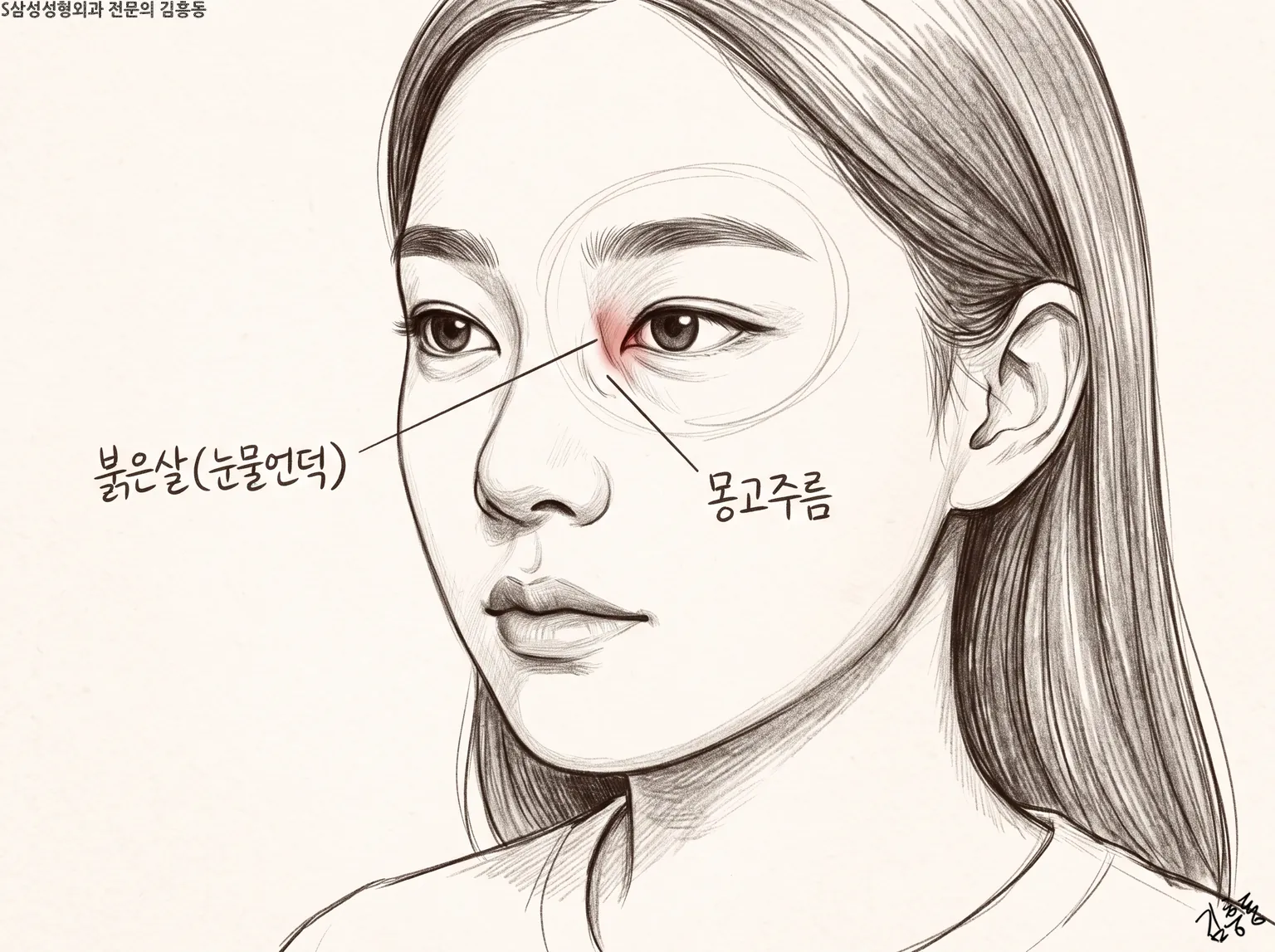 붉은살(눈물언덕)과 몽고주름 이름표가 붙은, 여성 옆얼굴 눈앞머리 연필 그림