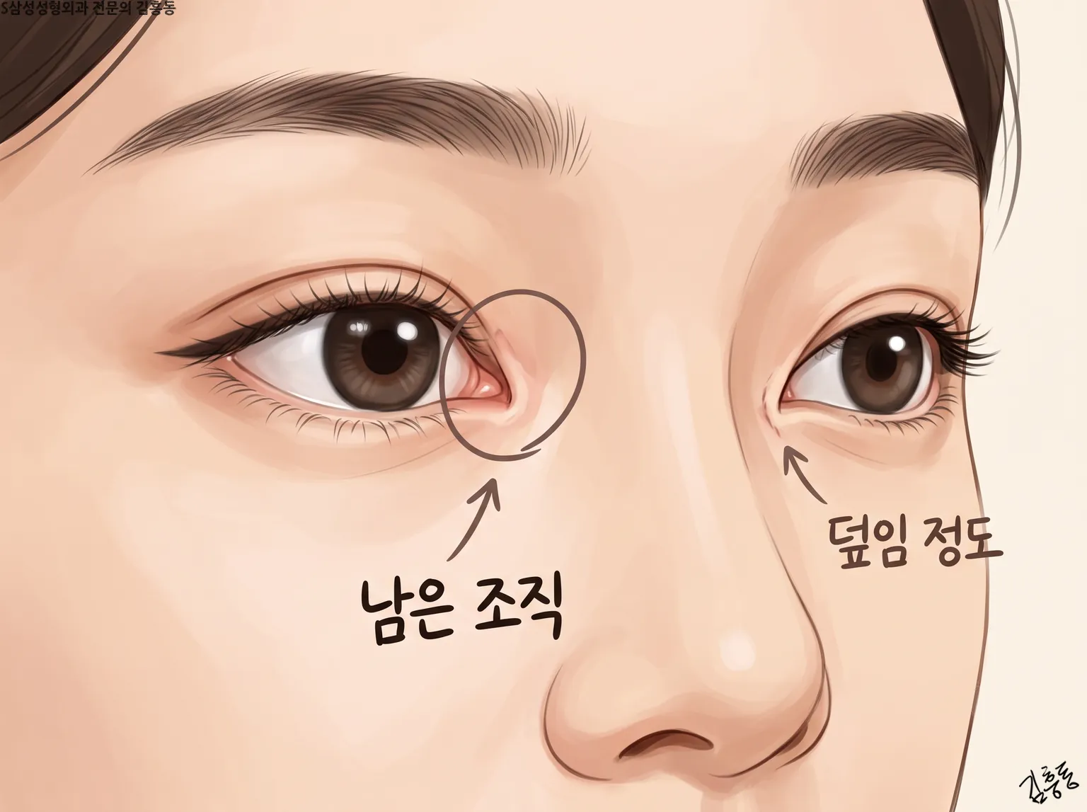 한쪽 눈앞머리에 남은 조직, 다른 쪽에 덮임 정도 이름표를 단 두 눈 가까이 그림