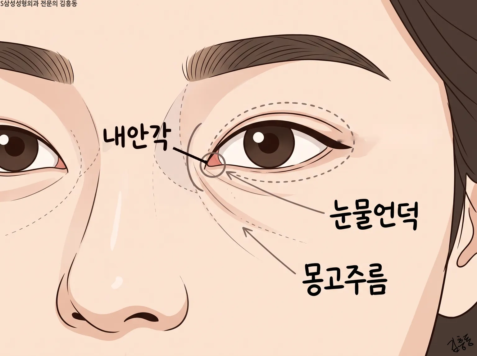 내안각 · 눈물언덕 · 몽고주름 이름표를 붙이고 점선으로 눈 둘레를 표시한 도식 그림