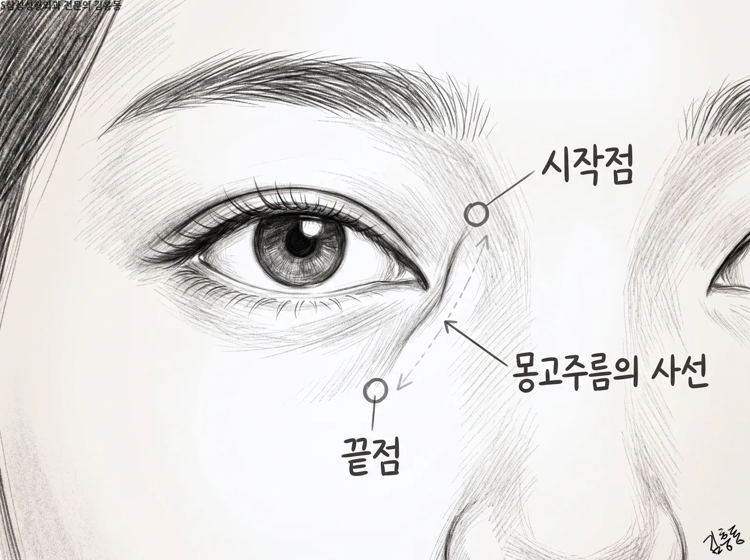 몽고주름의 사선이 시작점에서 끝점으로 이어지는 자리를 표시한 눈앞머리 연필 그림