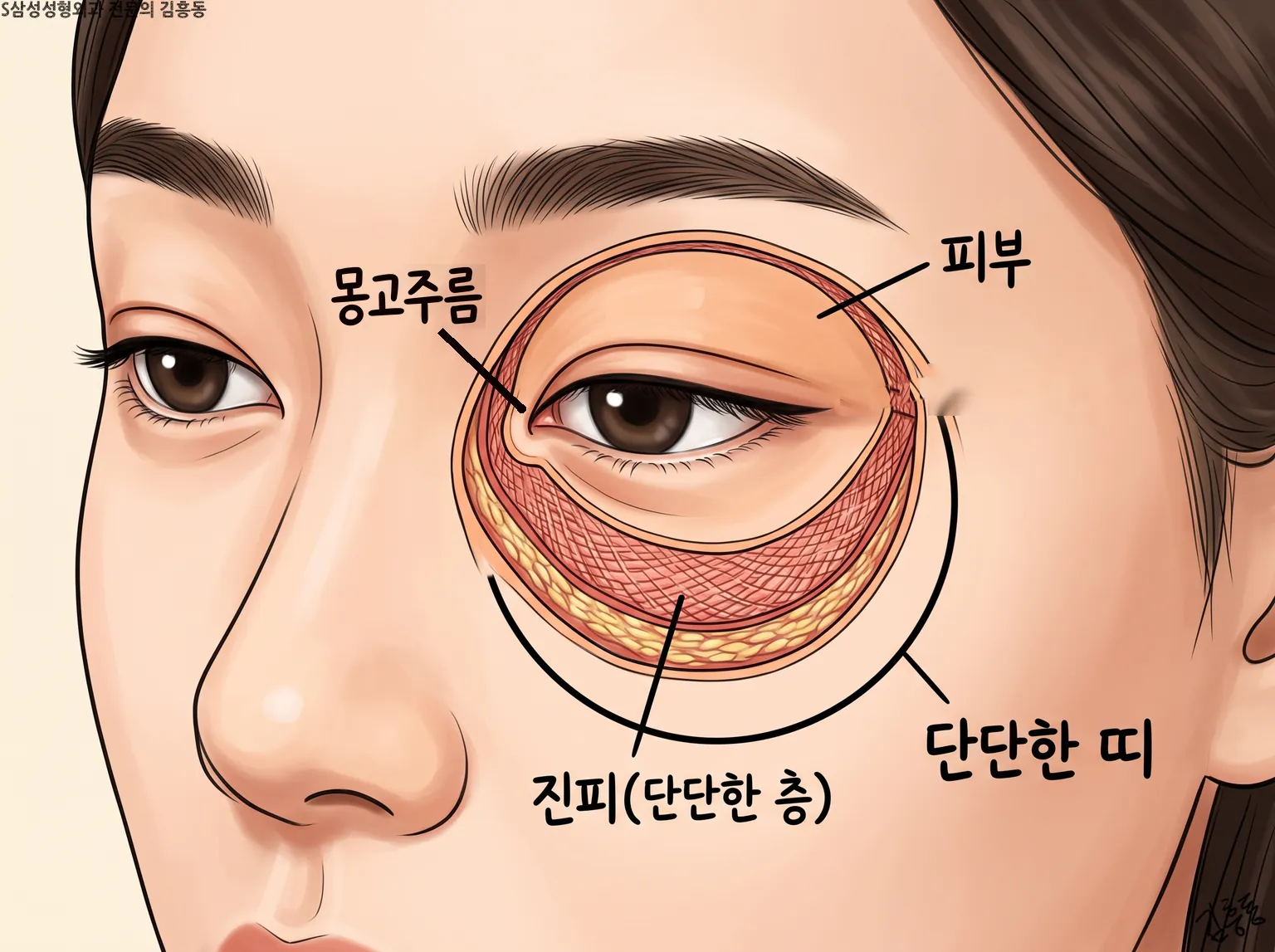 몽고주름 · 피부 · 진피(단단한 층) · 단단한 띠 이름표가 붙은 눈 둘레 단면 그림