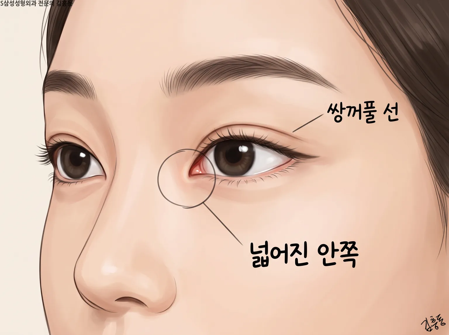 쌍꺼풀 선과 넓어진 안쪽 이름표가 붙은, 붉은살이 보이는 눈앞머리 가까이 그림