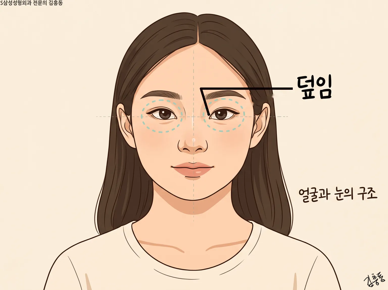 얼굴과 눈의 구조라는 글자와 함께 두 눈 둘레 점선과 덮임 이름표를 단 여성 얼굴 그림