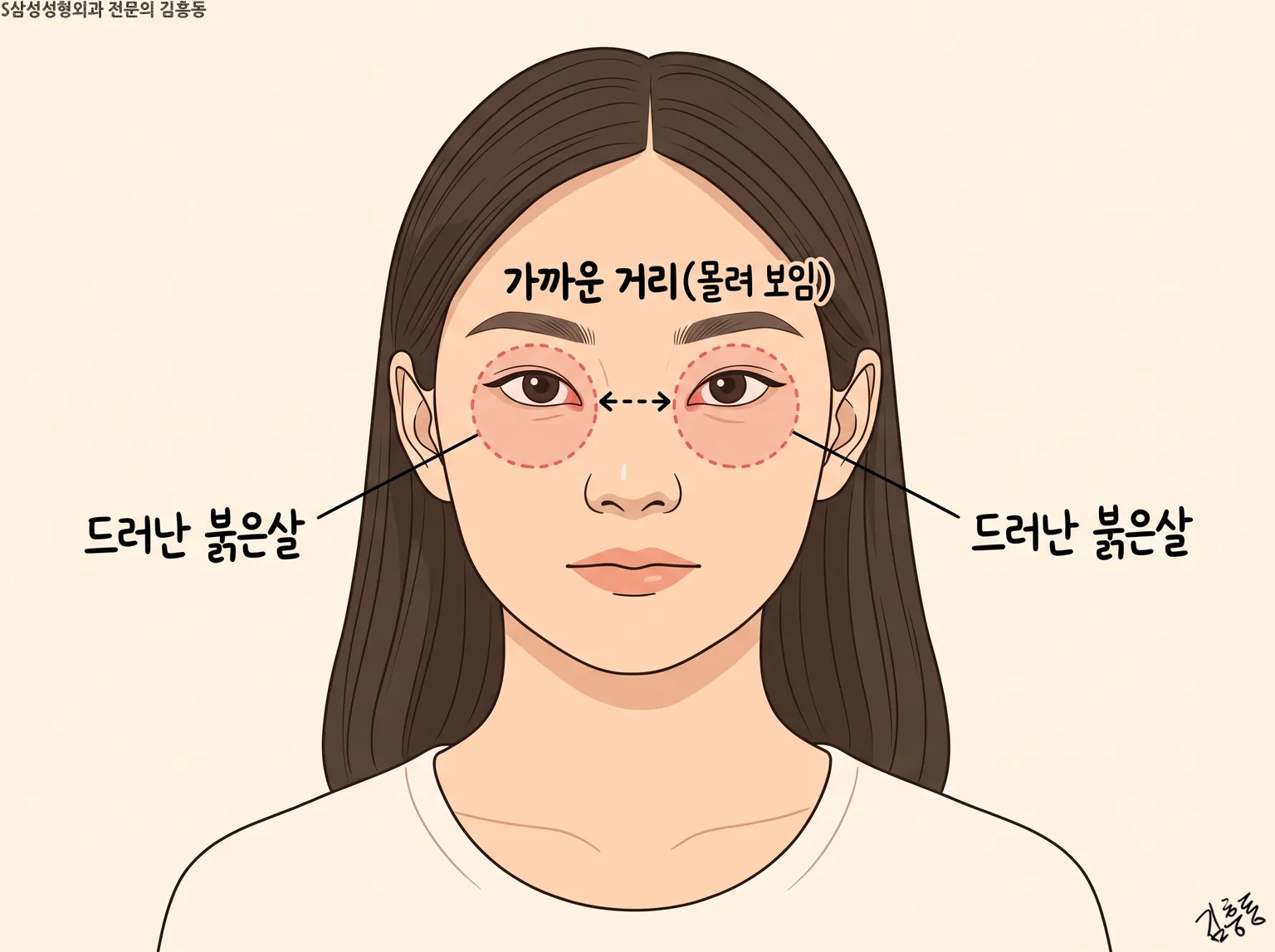 두 눈 사이 가까운 거리(몰려 보임)와 양쪽 드러난 붉은살을 표시한 여성 얼굴 그림