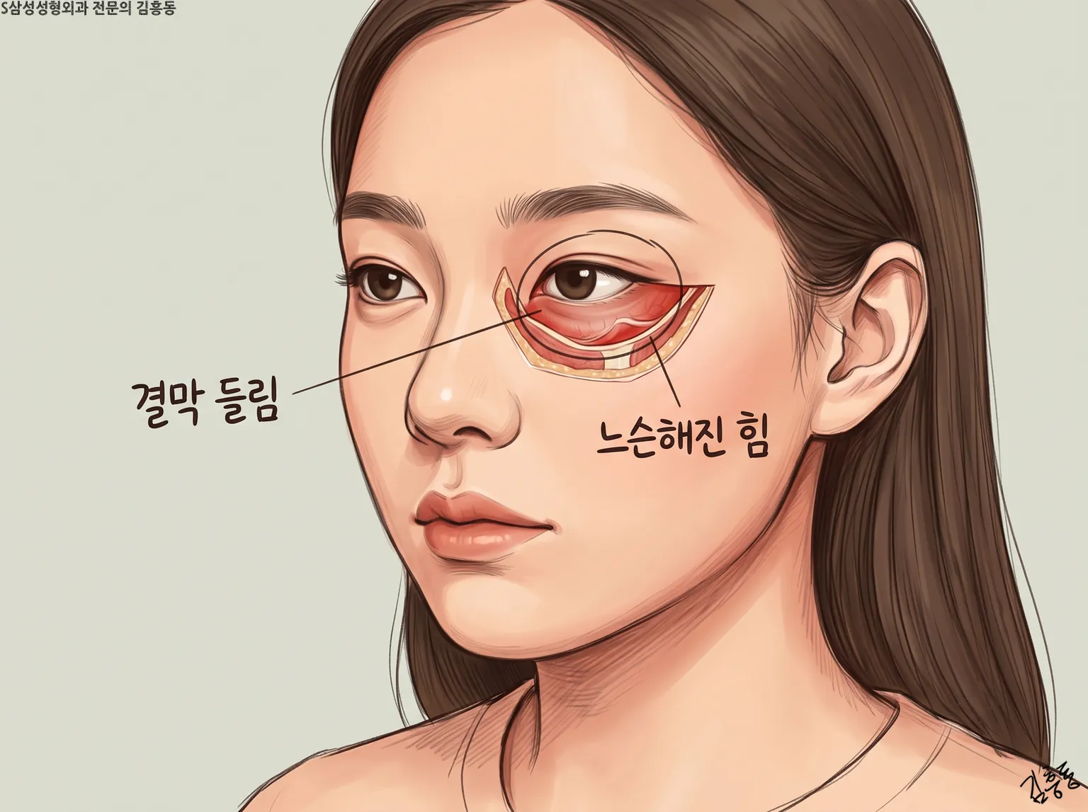 눈 아래를 잘라 보인 단면에 결막 들림과 느슨해진 힘 이름표를 붙인 여성 얼굴 그림