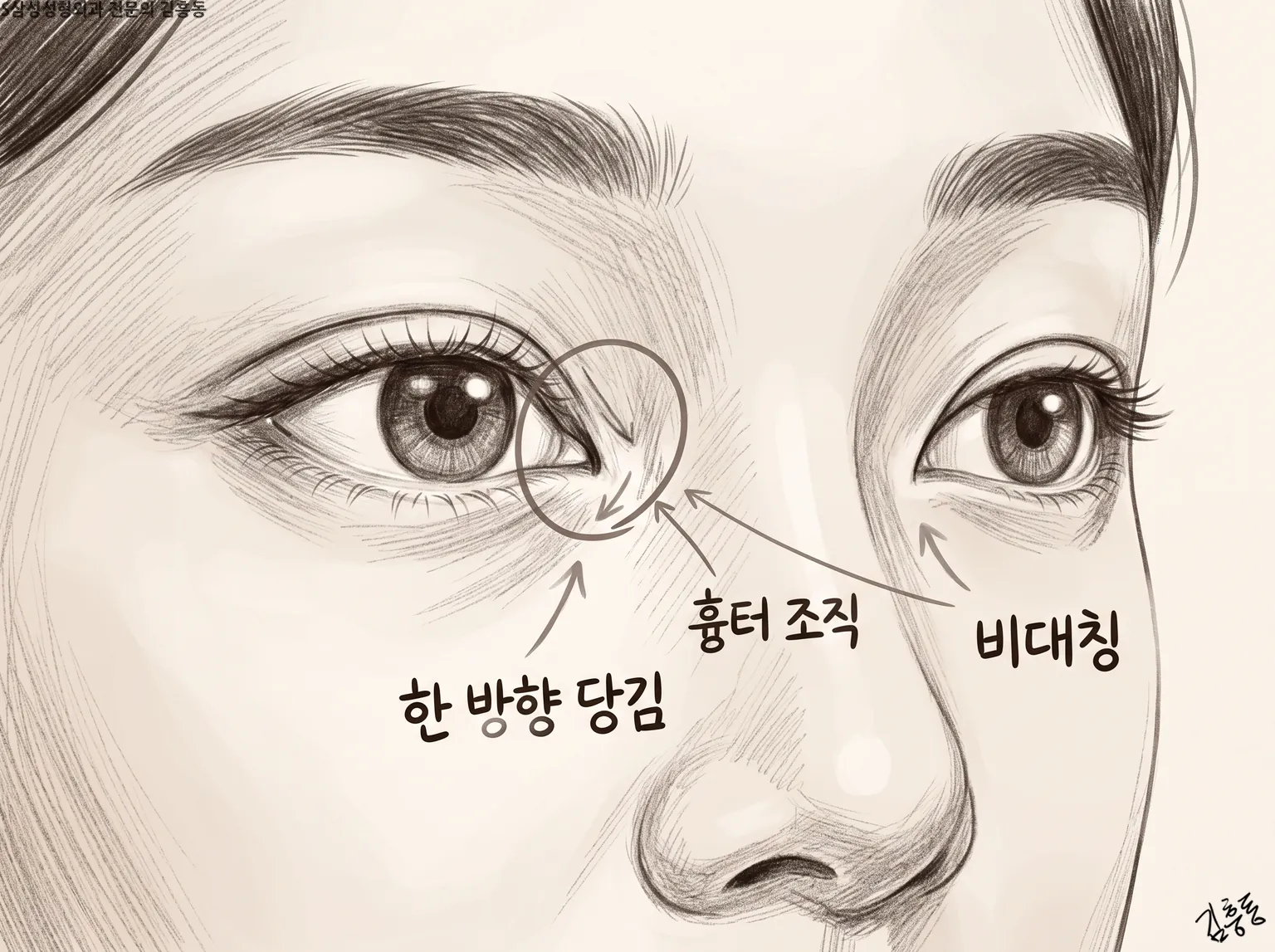 한 방향 당김 · 흉터 조직 · 비대칭 이름표를 화살표로 가리킨 두 눈 연필 그림