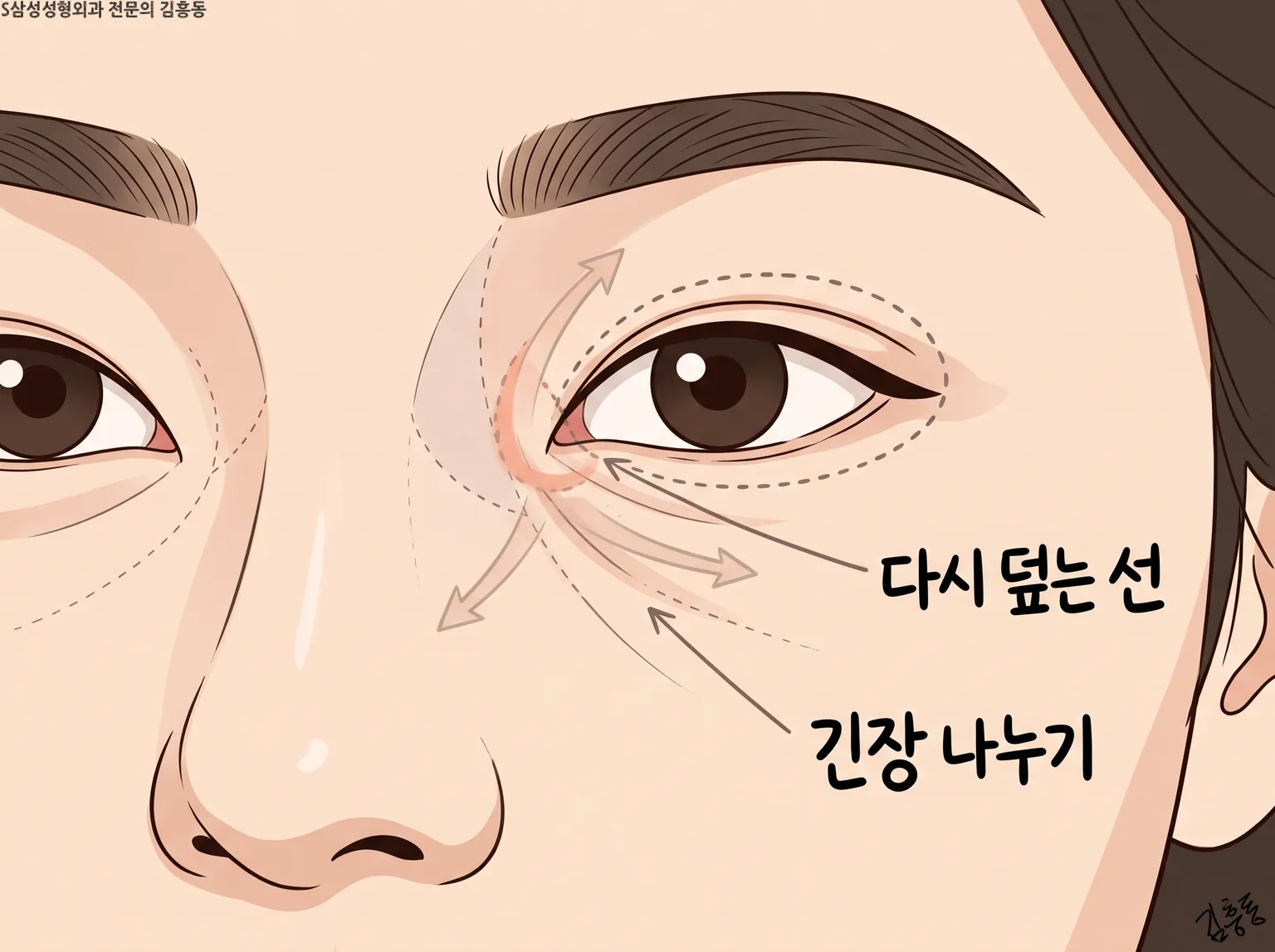 눈앞머리에서 여러 갈래 화살표로 다시 덮는 선과 긴장 나누기를 나타낸 도식 그림