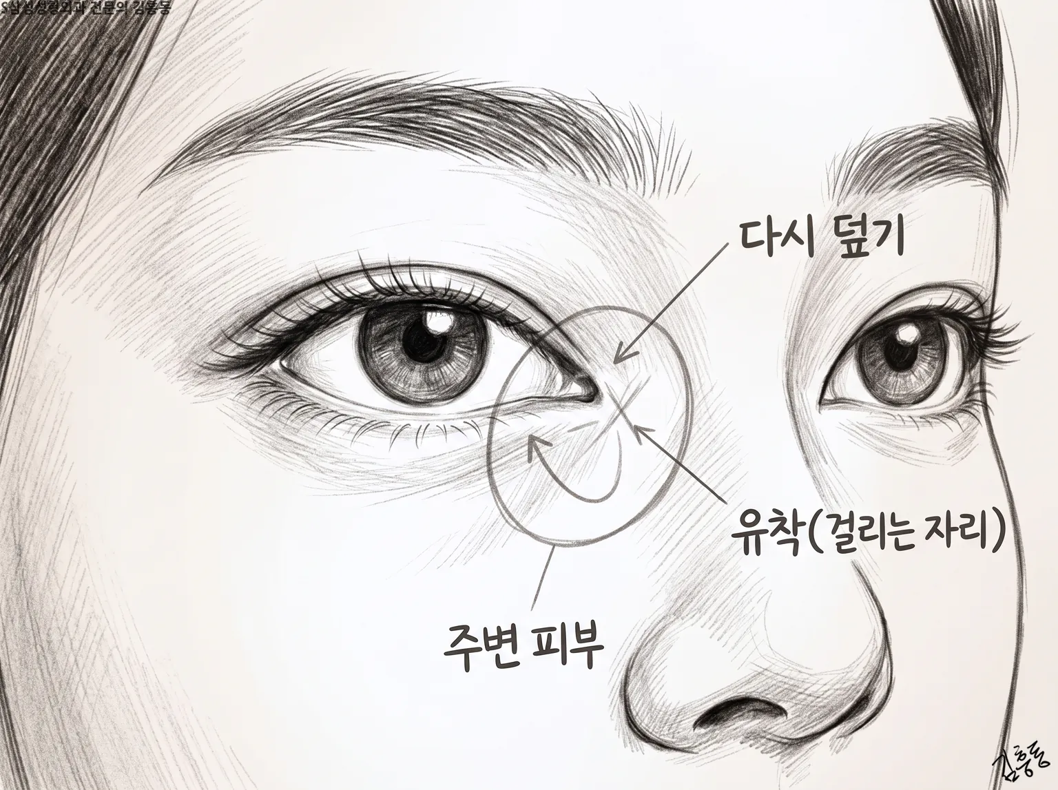 다시 덮기 · 유착(걸리는 자리) · 주변 피부 이름표를 둥근 표시에 붙인 눈 연필 그림