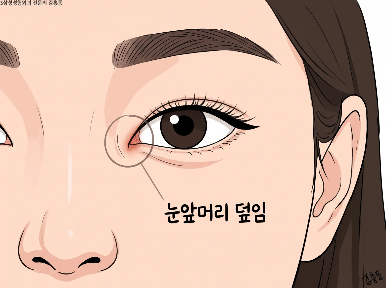 눈앞머리 덮임 이름표를 둥근 표시로 가리킨 한쪽 눈 가까이 그림