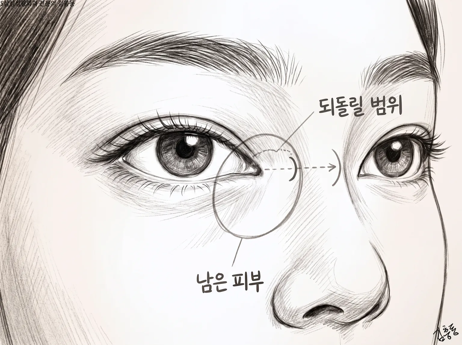 눈앞머리에 남은 피부와 되돌릴 범위를 둥근 표시와 점선 화살표로 나타낸 연필 그림