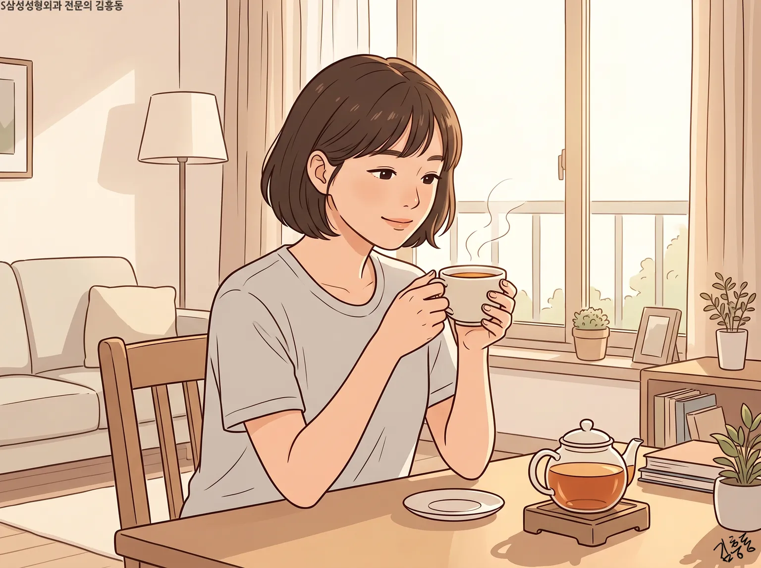 햇살 드는 거실 식탁에서 단발머리 여성이 찻잔을 두 손으로 들고 쉬는 모습