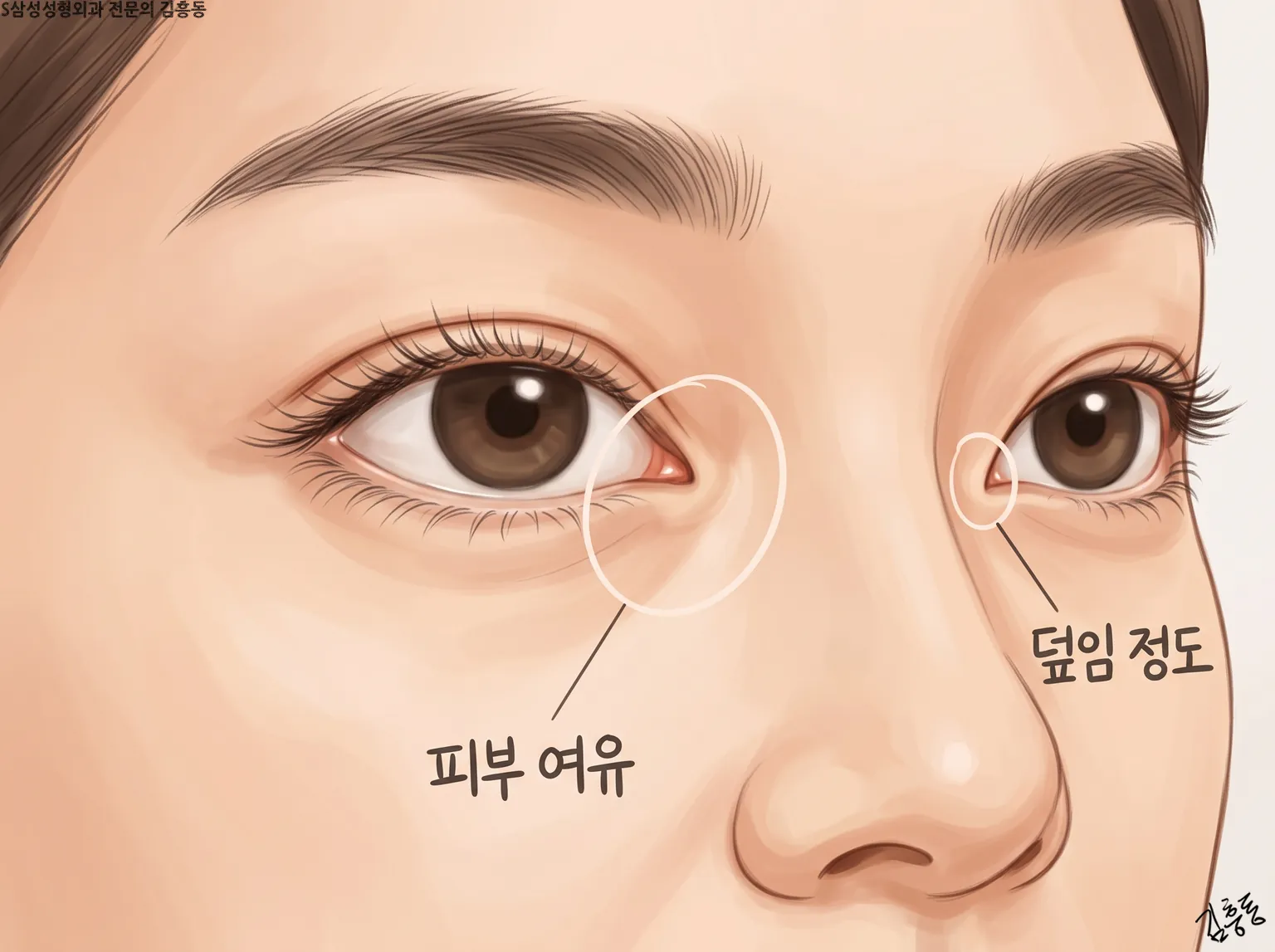 한쪽 눈앞머리에 피부 여유, 다른 쪽에 덮임 정도 이름표를 붙인 두 눈 가까이 그림