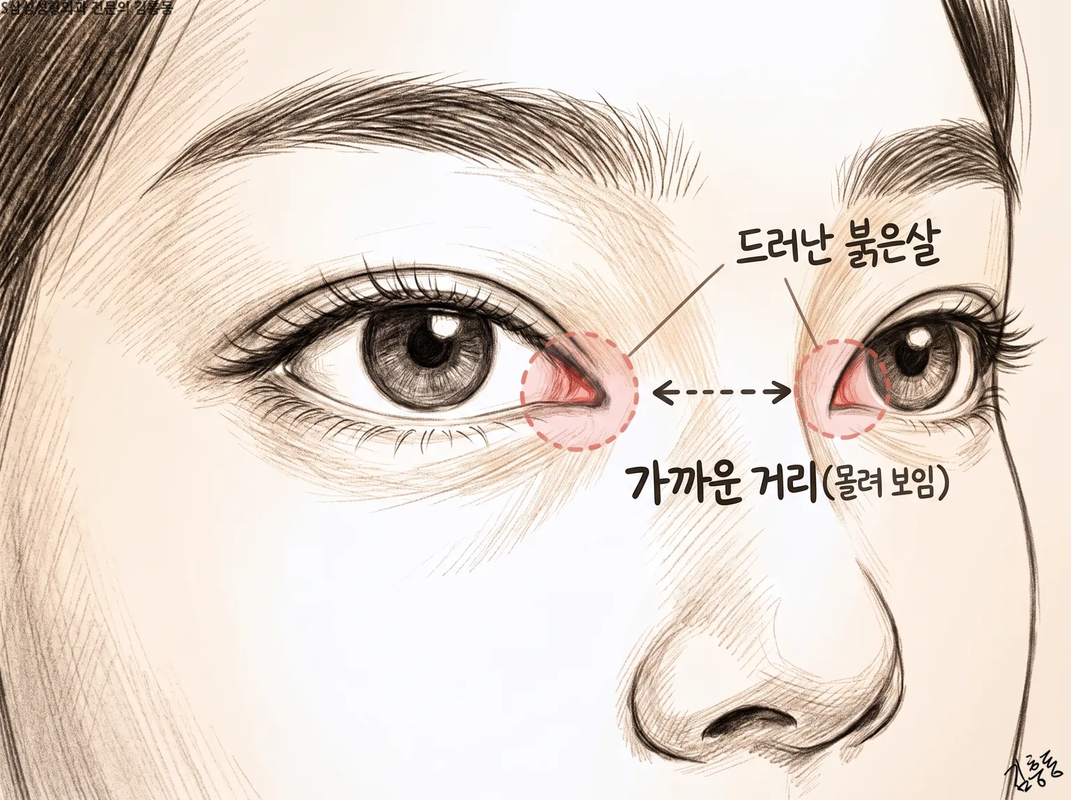 두 눈앞머리의 드러난 붉은살과 가까운 거리(몰려 보임)를 표시한 연필 그림