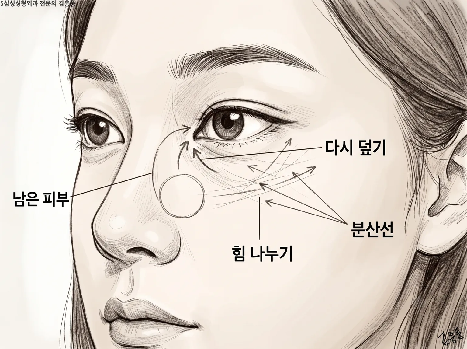 남은 피부 · 다시 덮기 · 힘 나누기 · 분산선 이름표가 붙은 옆얼굴 연필 그림