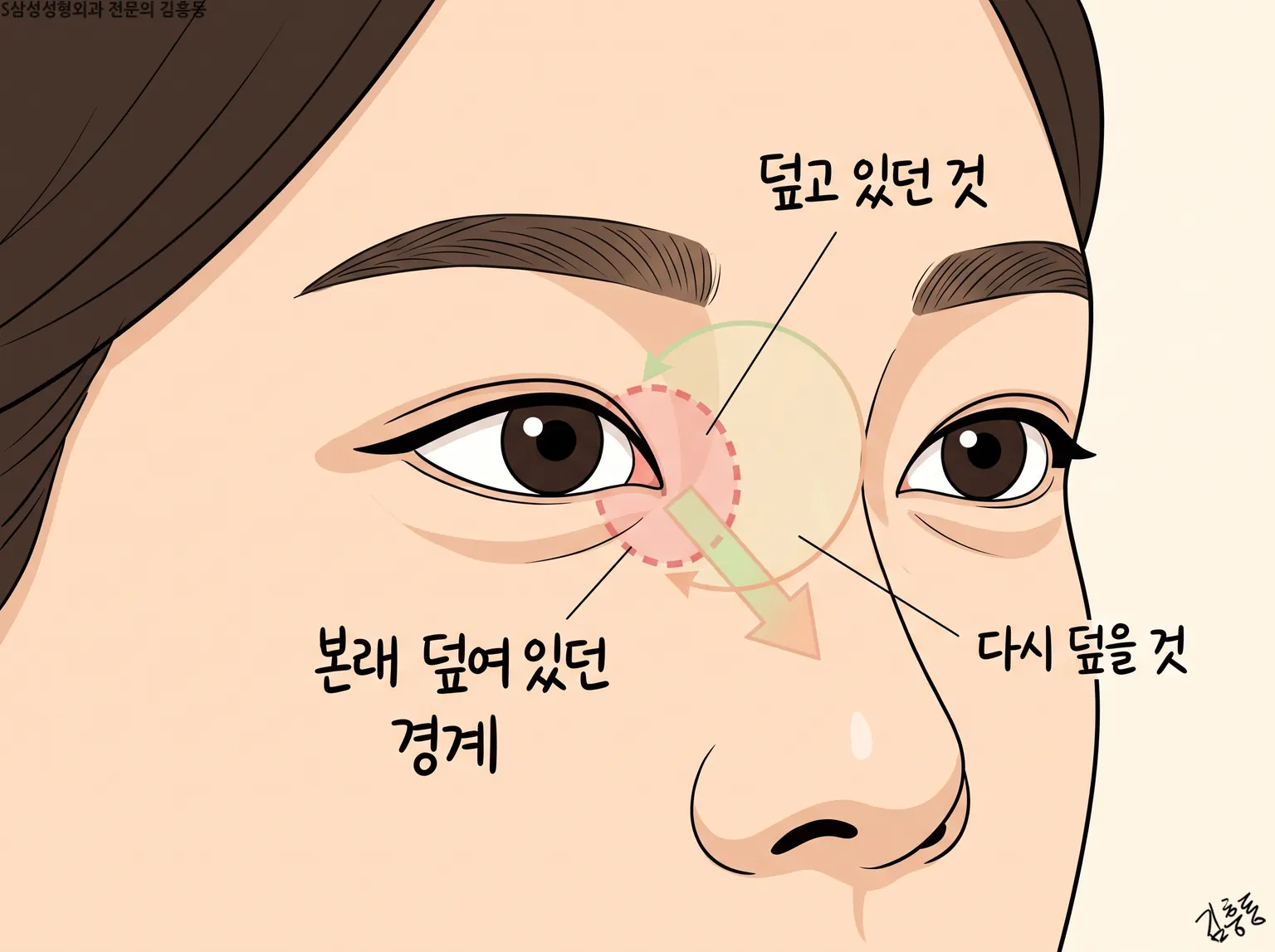 덮고 있던 것 · 다시 덮을 것 · 본래 덮여 있던 경계를 원과 화살표로 나타낸 도식 그림