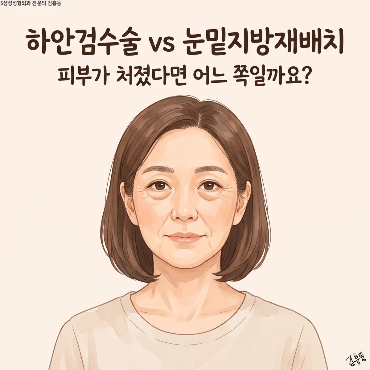 「하안검수술 vs 눈밑지방재배치 피부가 처졌다면 어느 쪽일까요?」라는 제목이 적힌, 단발 여성의 얼굴 그림