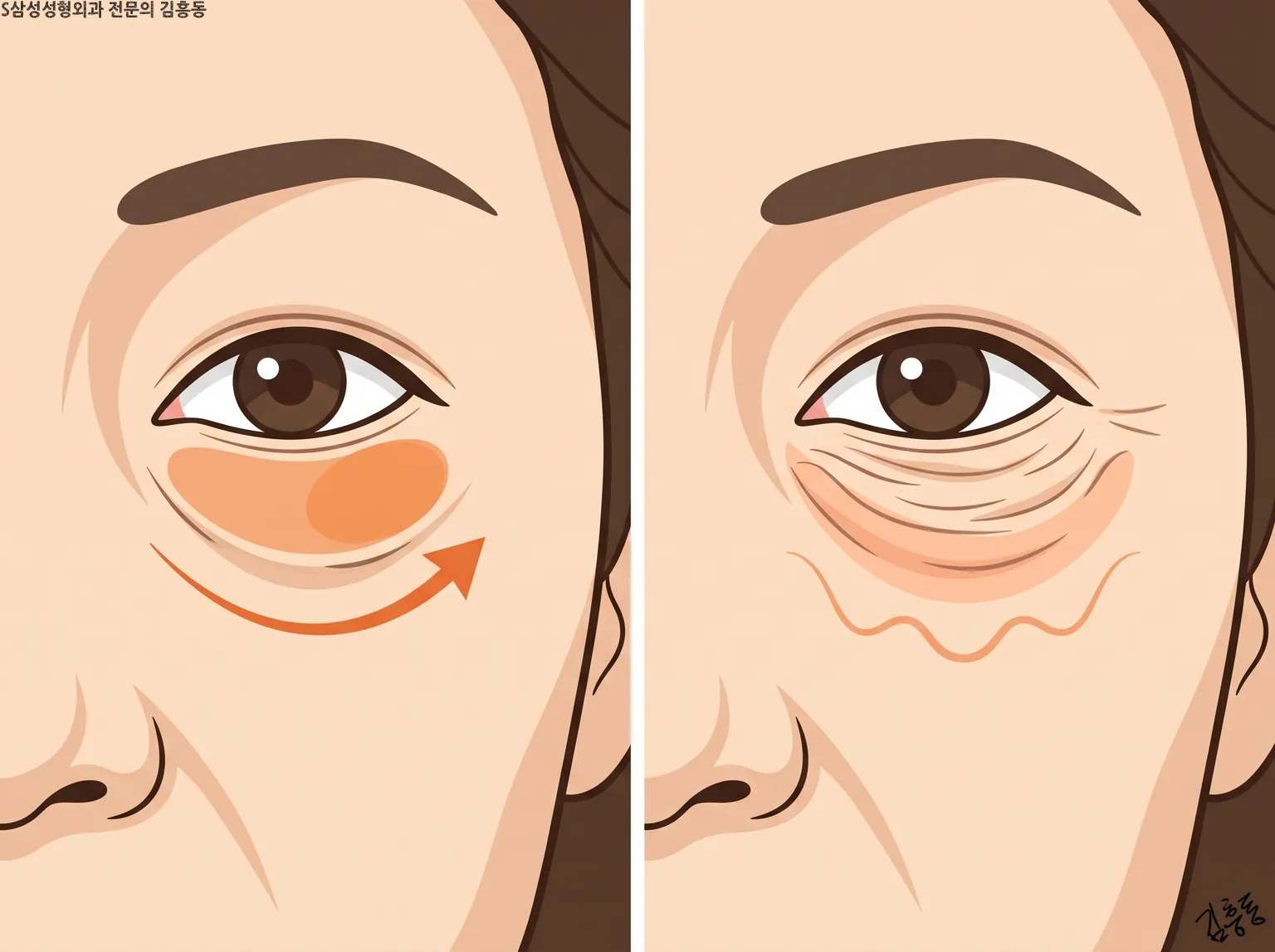 왼쪽은 눈 밑의 주황색 덩이와 굽은 화살표, 오른쪽은 눈 밑 잔주름과 물결 선을 그린 그림