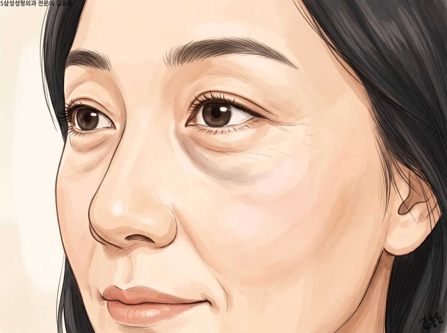 눈 밑이 볼록하고 그 아래로 그늘이 진 얼굴을 비스듬히 가까이 본 그림
