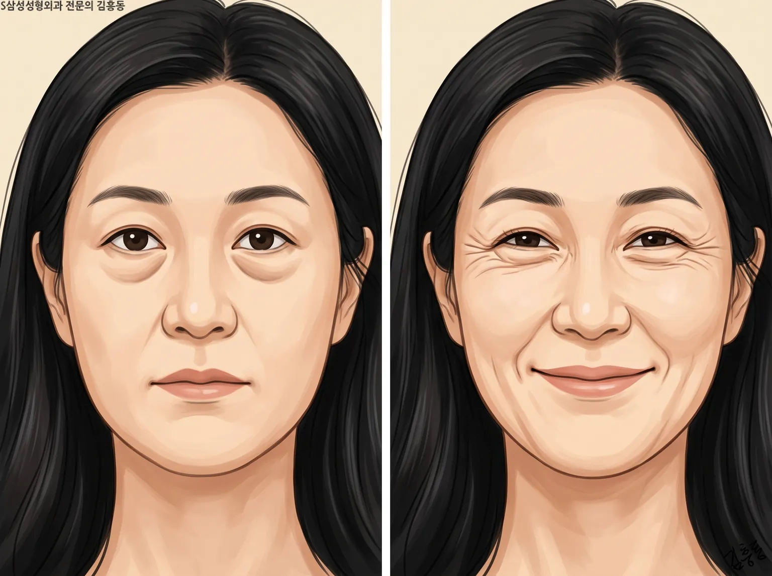 같은 사람의 무표정과 웃는 표정을 견준 그림 — 수술 전후가 아닙니다