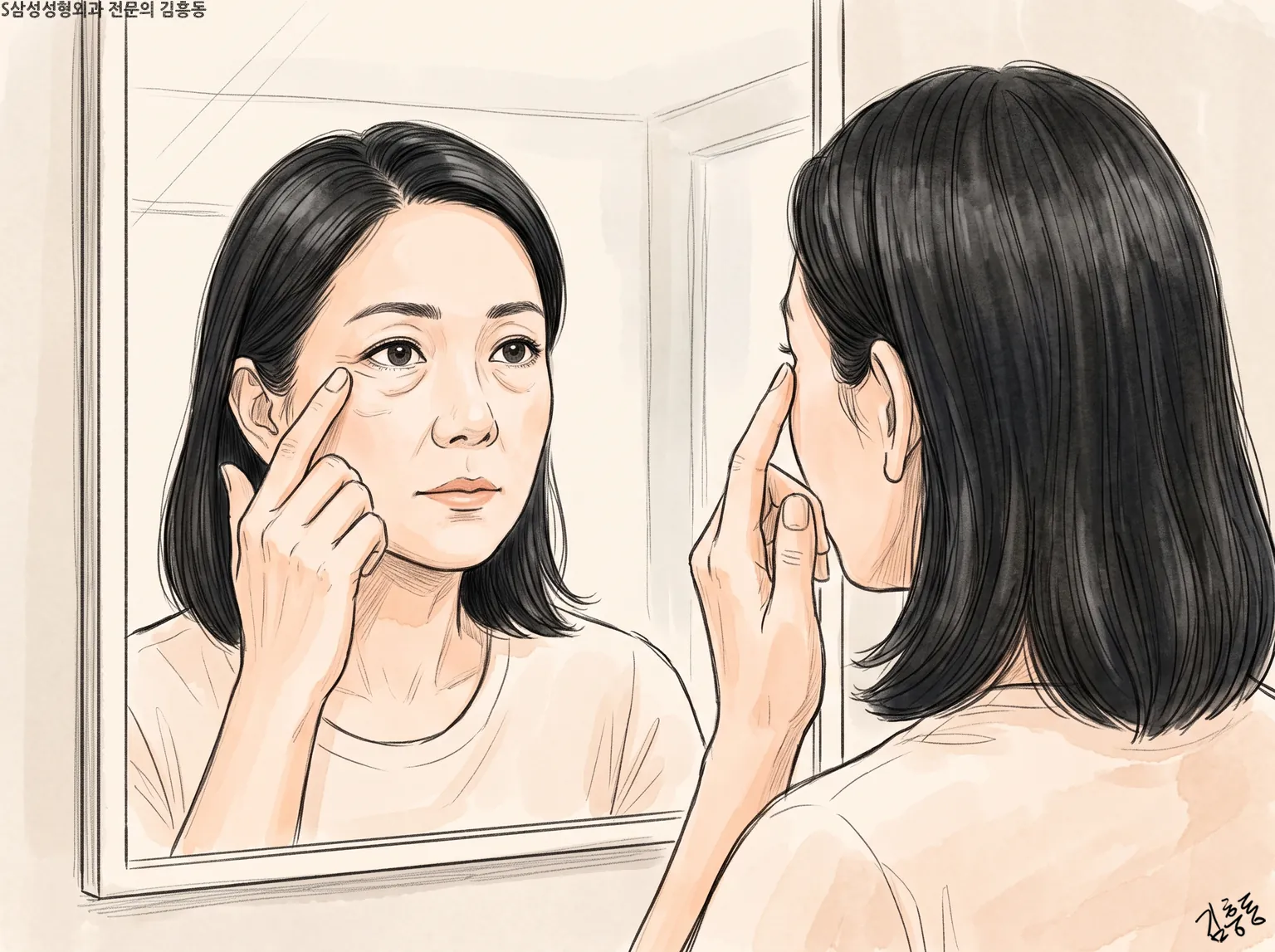 거울 앞에서 손가락으로 눈 밑 바깥쪽을 짚어 보는 검은 머리 여성의 모습
