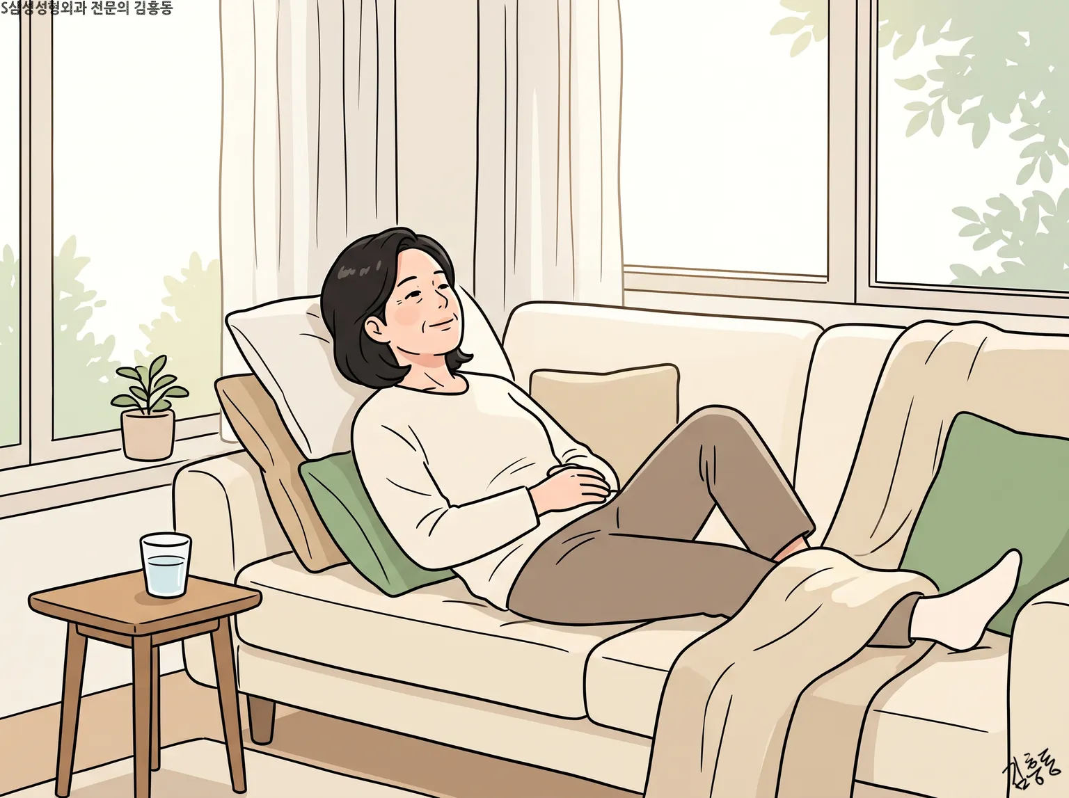 거실 소파에서 베개를 높이 받치고 기대어 쉬는 사람과 탁자 위 물컵 그림