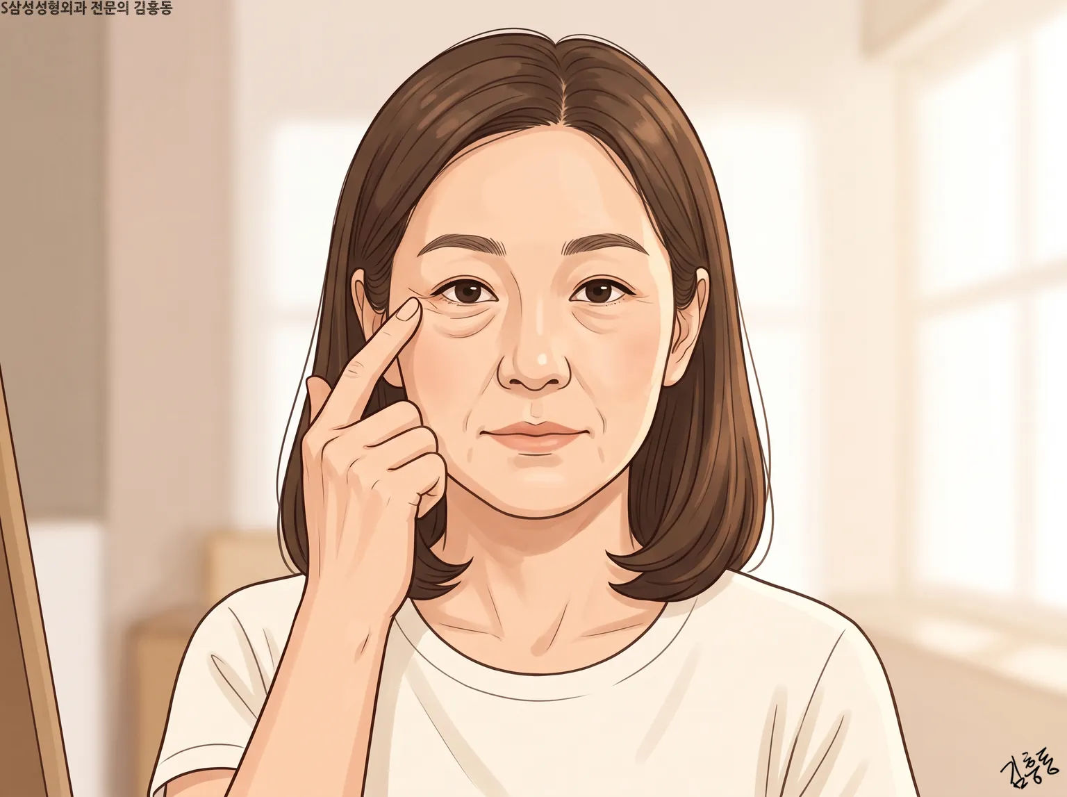 손가락으로 한쪽 눈 밑 바깥쪽을 가리키고 있는 여성의 정면 얼굴 그림