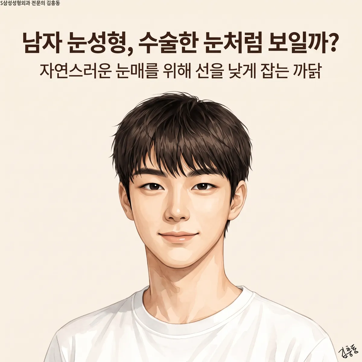 「남자 눈성형, 수술한 눈처럼 보일까?」라는 제목이 적힌, 짧은 머리 남성의 정면 얼굴 그림