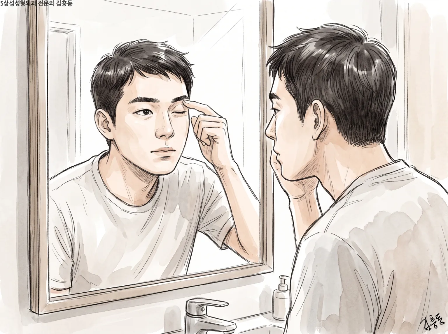 세면대 거울 앞에서 손가락으로 한쪽 눈꺼풀을 짚어 보는 남성의 모습