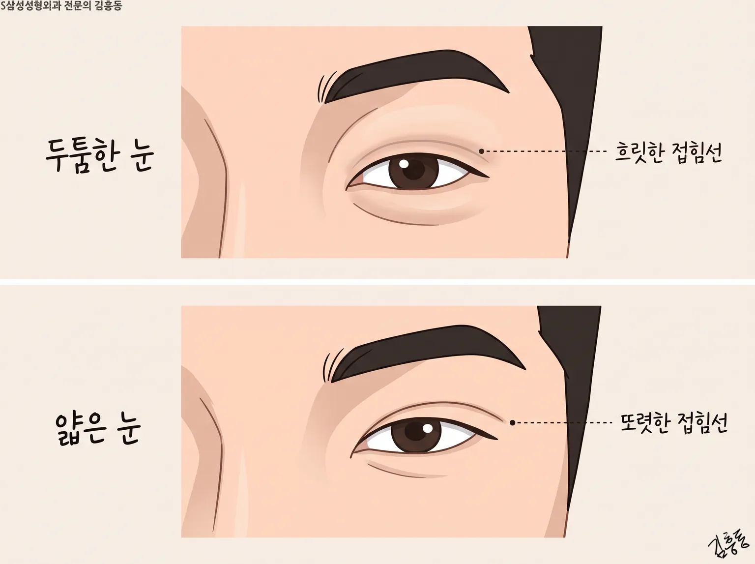 두툼한 눈의 흐릿한 접힘선과 얇은 눈의 또렷한 접힘선을 위아래로 나란히 그린 그림