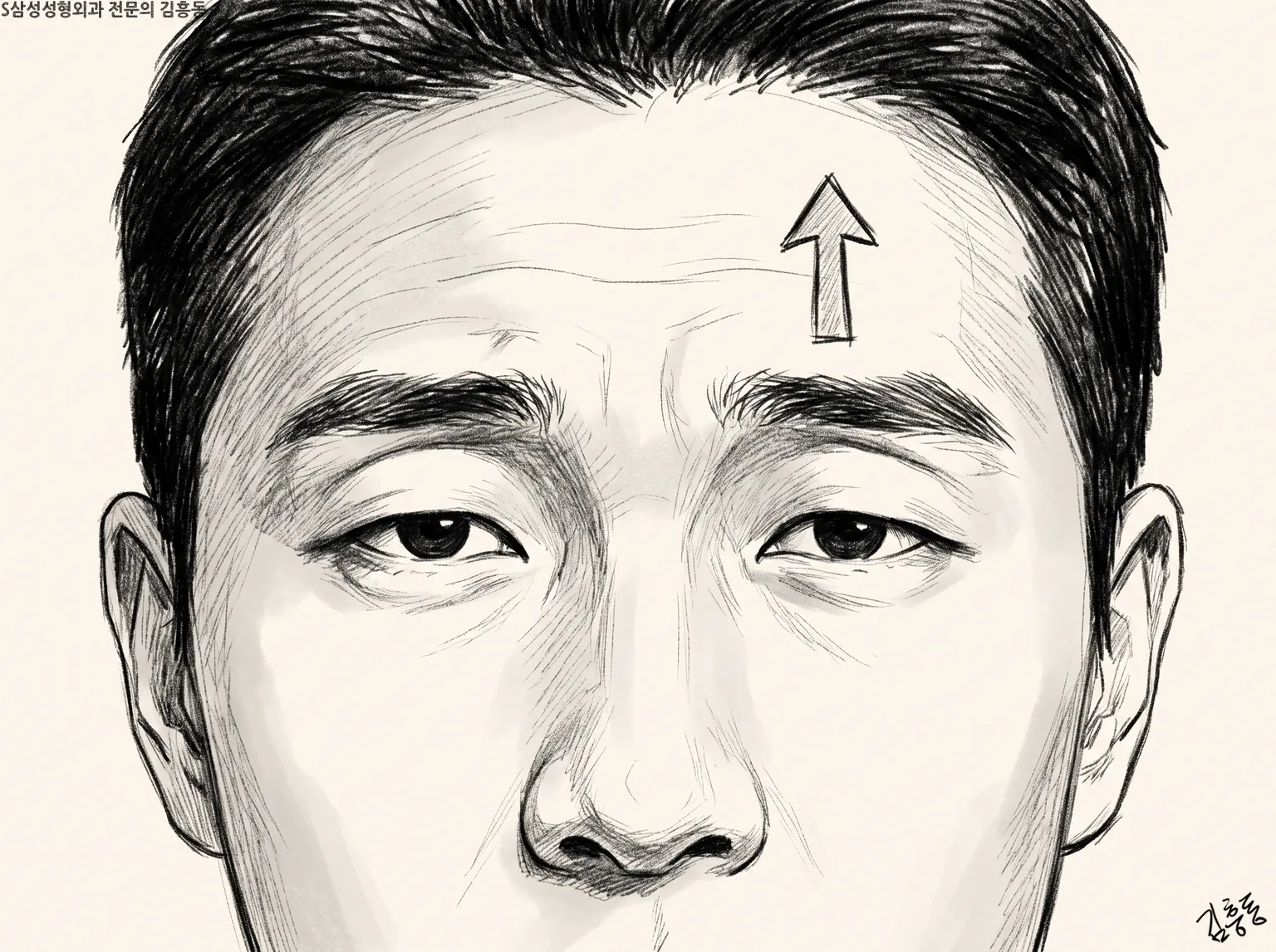 눈을 반쯤 뜨고 한쪽 눈썹 위 이마에 위로 향한 화살표가 그려진 남성 얼굴 그림