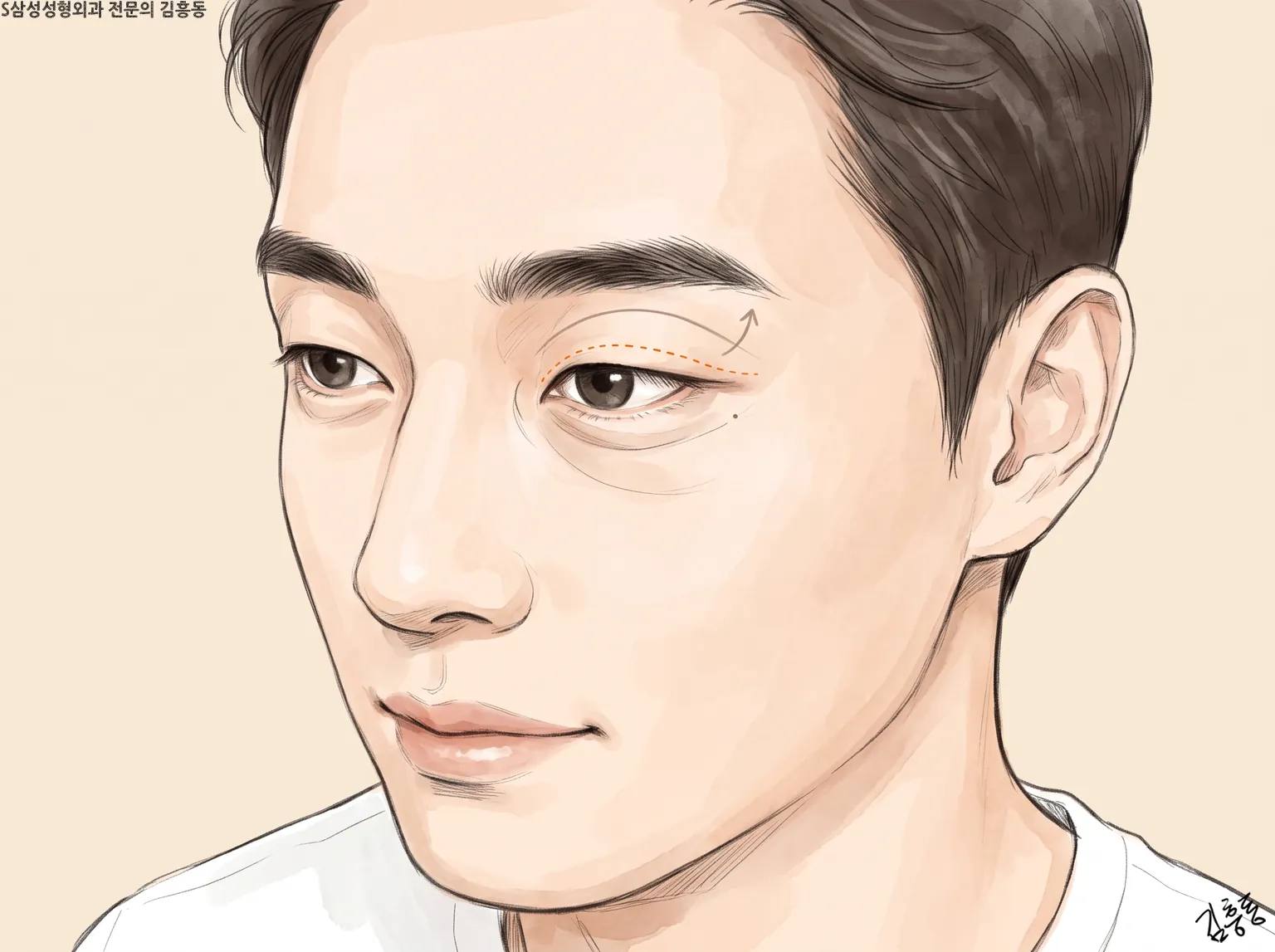 쌍꺼풀 선이 접히는 자리를 점선으로 가리킨 남성 얼굴 그림(수술 표시가 아님)