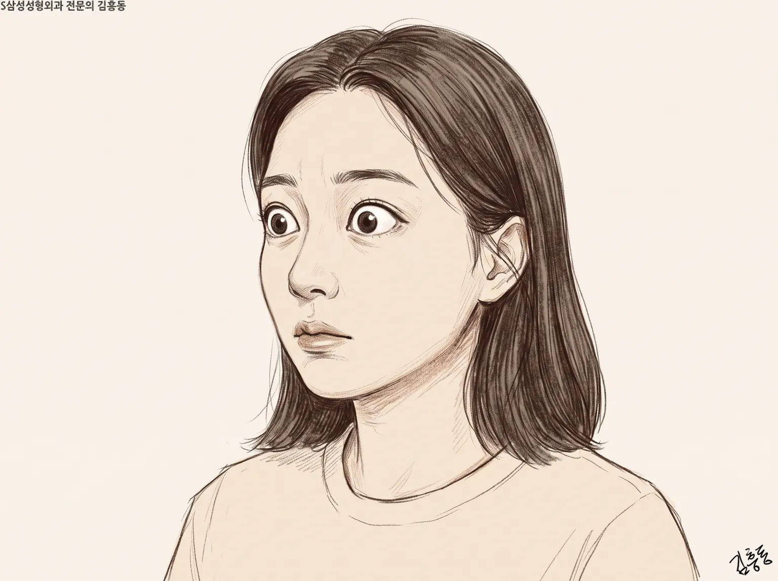 눈을 크게 뜨고 놀란 듯한 표정으로 옆을 바라보는 단발머리 여성의 스케치 그림