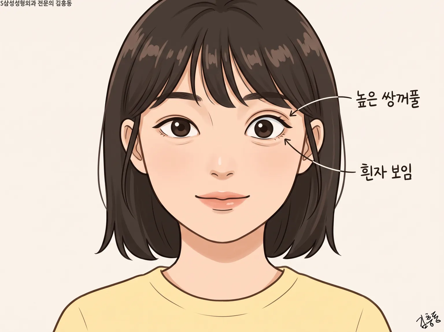 앞머리 있는 여성 얼굴 한쪽 눈에 높은 쌍꺼풀 · 흰자 보임 이름표를 붙인 그림