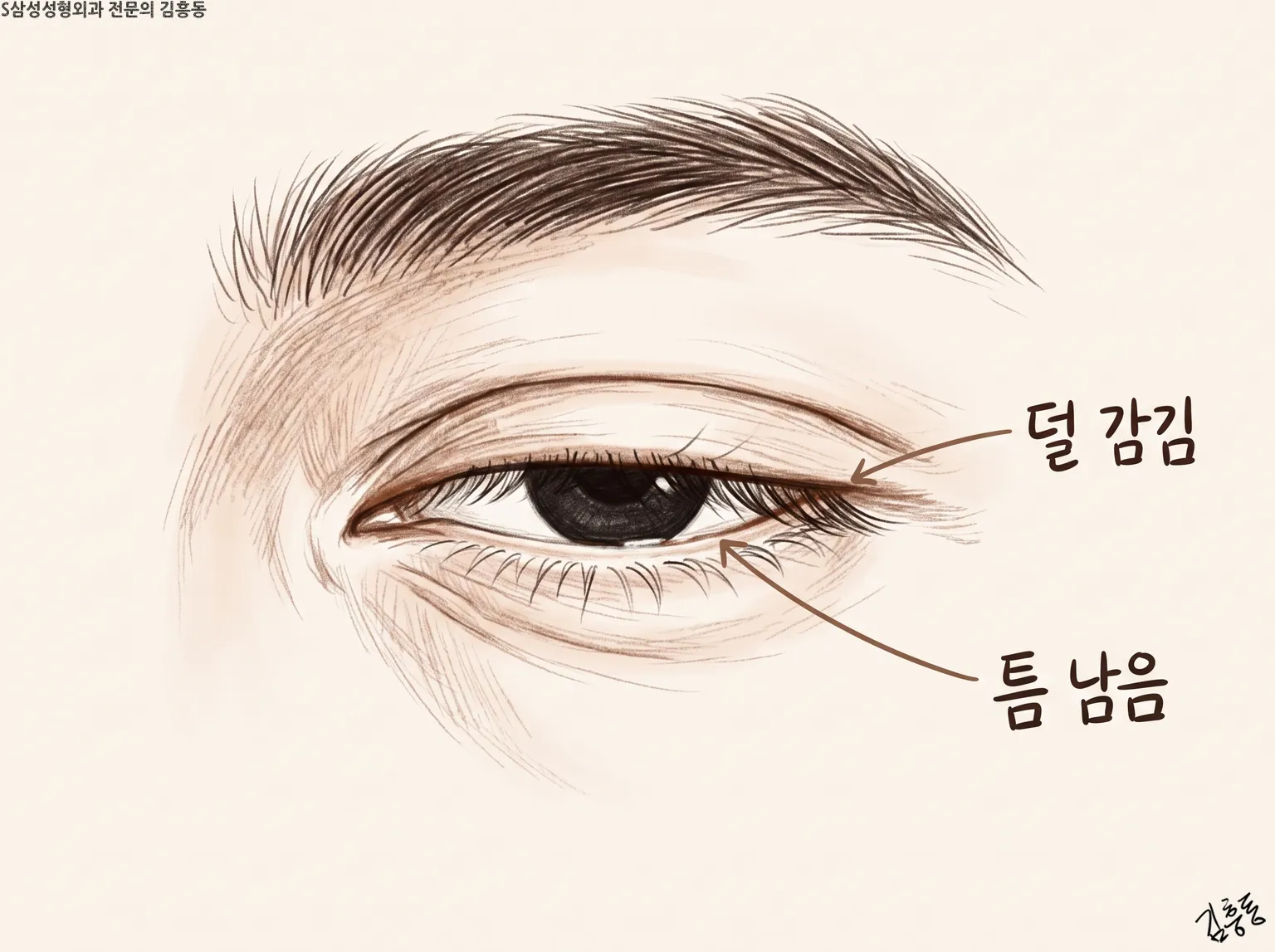 감은 한쪽 눈에 덜 감김 · 틈 남음 이름표를 붙인, 눈 사이 틈이 보이는 스케치 그림