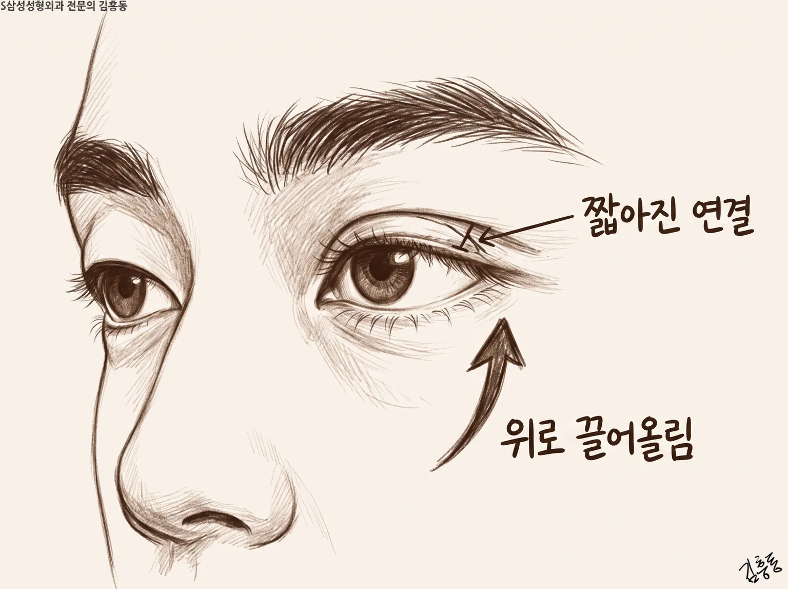 눈꺼풀 위에 짧아진 연결, 아래에서 위로 향한 화살표에 위로 끌어올림이라 적은 스케치 그림