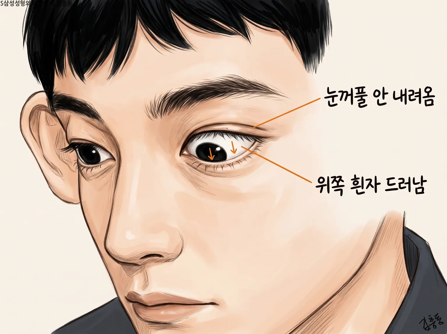 아래를 보는 남성 눈에 눈꺼풀 안 내려옴 · 위쪽 흰자 드러남 이름표를 붙인 그림