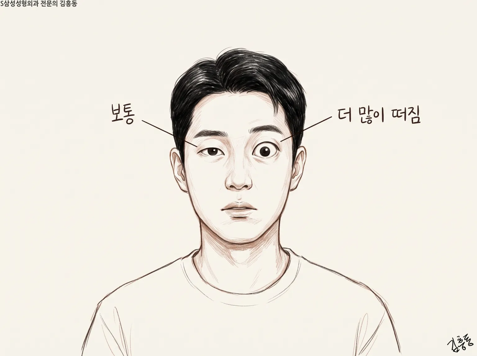 남성 정면 얼굴에서 한쪽 눈은 보통, 다른 쪽은 더 많이 떠짐이라 적은 스케치 그림