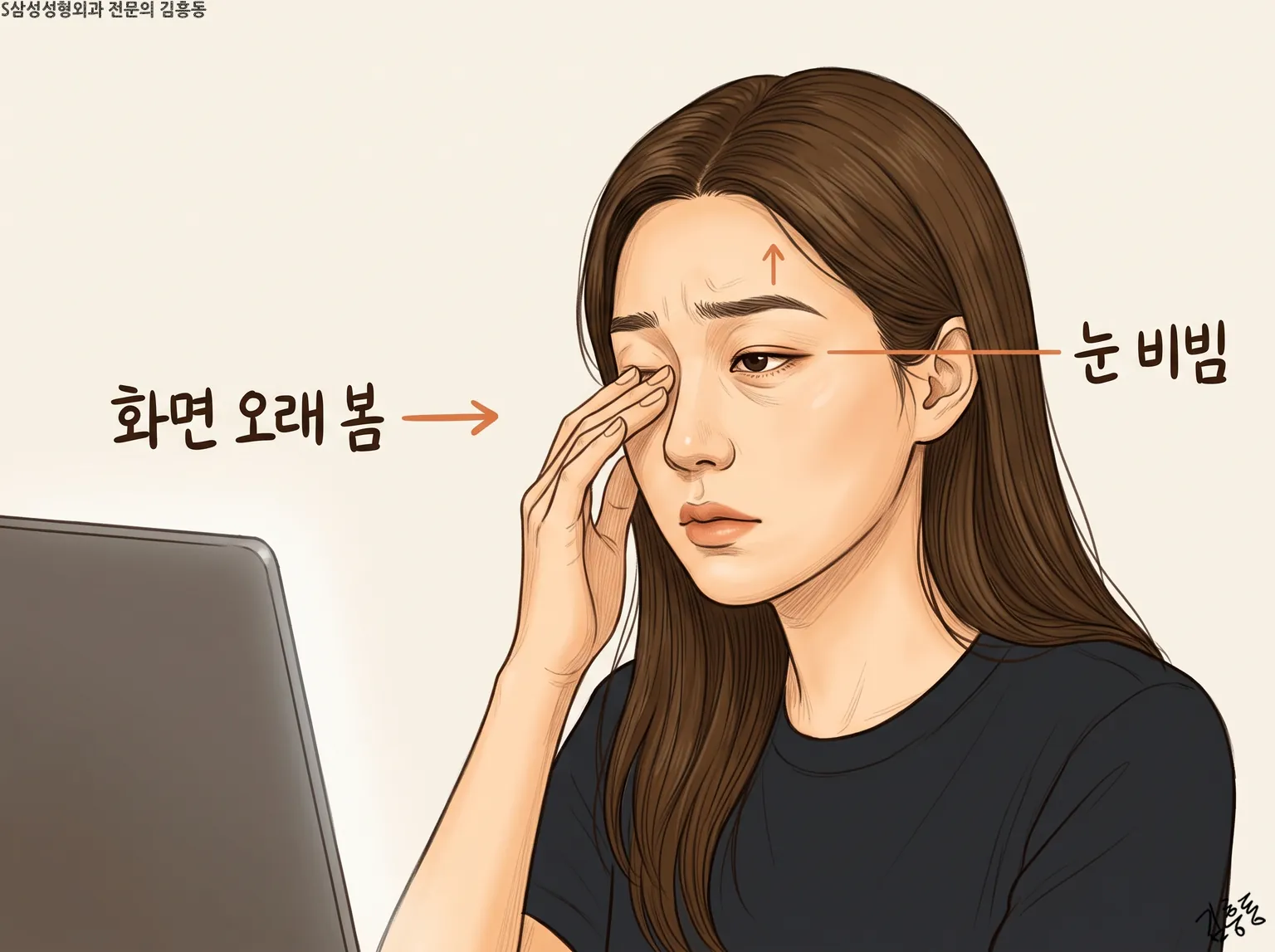 노트북 앞에서 한 손으로 눈을 비비는 여성 옆에 화면 오래 봄 · 눈 비빔이라 적은 그림