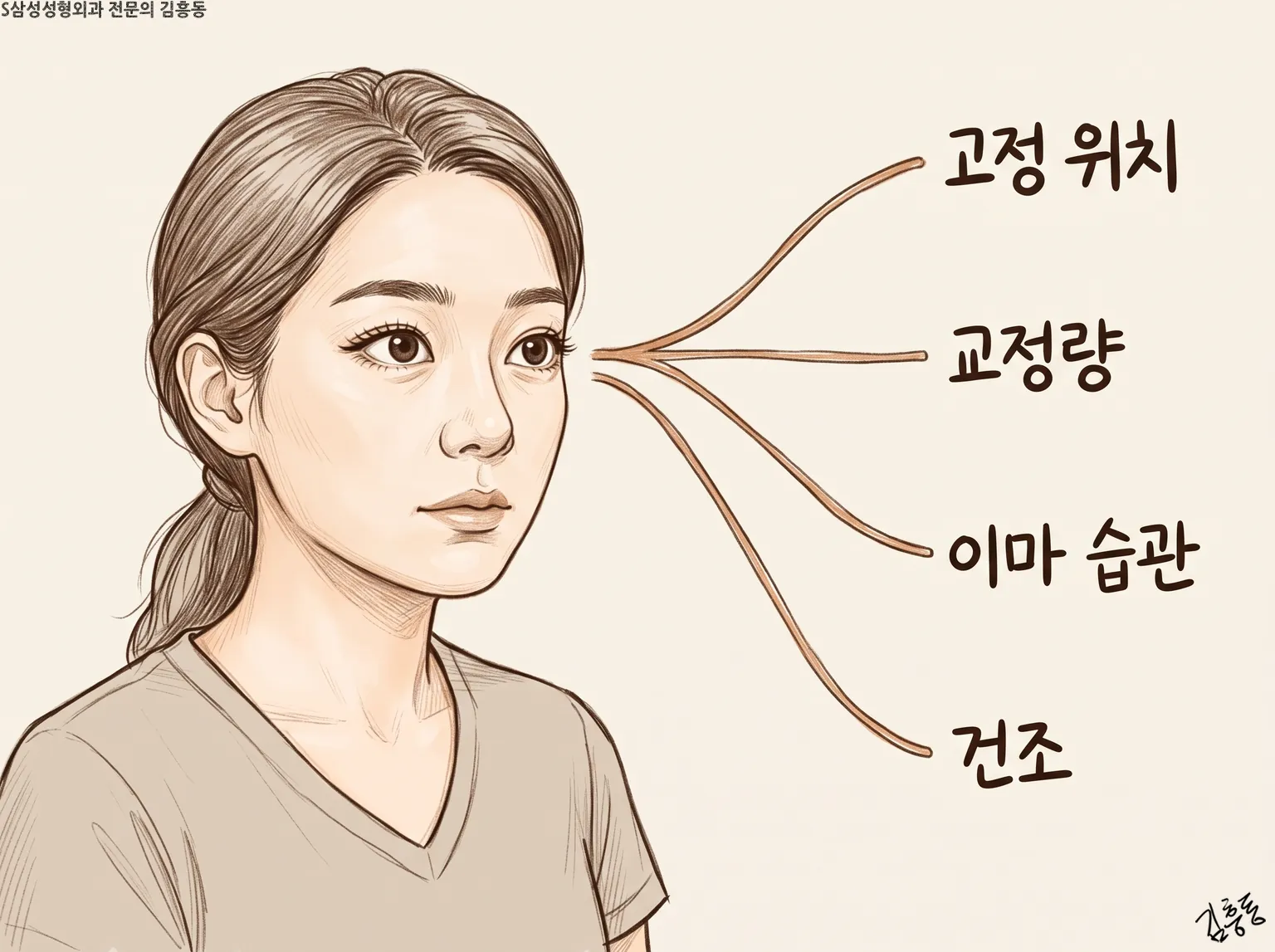 여성 눈가에서 고정 위치 · 교정량 · 이마 습관 · 건조 네 갈래 선이 뻗은 스케치 그림