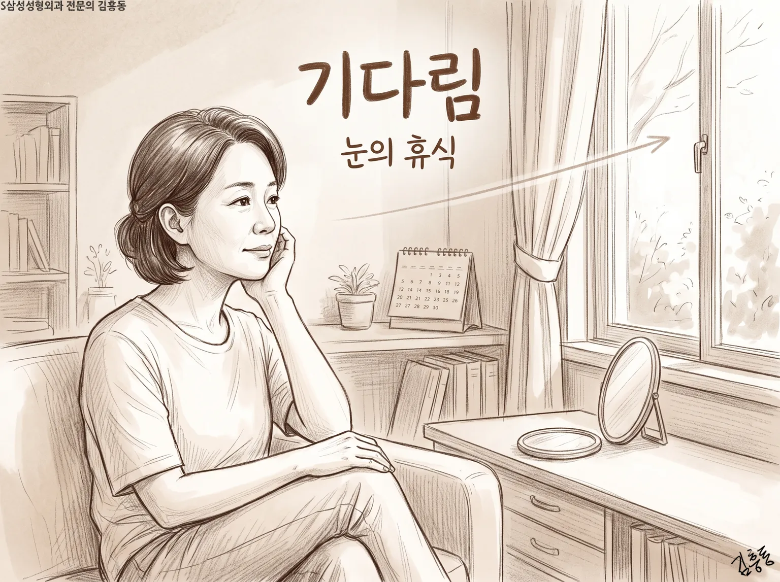「기다림 눈의 휴식」이라는 글자가 적힌, 창가 의자에서 턱을 괴고 창밖을 보는 여성 그림
