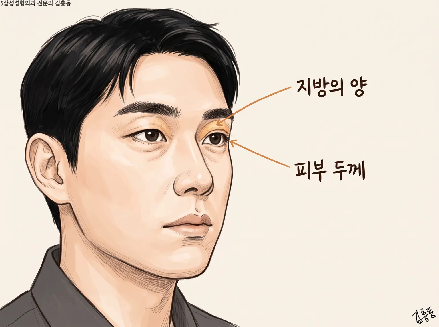 남성 옆얼굴 윗눈꺼풀에 지방의 양 · 피부 두께 이름표를 화살표로 붙인 그림