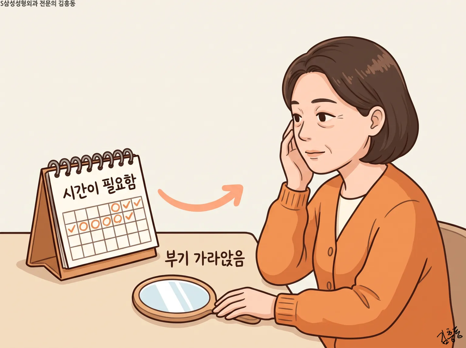 시간이 필요함이라 적힌 탁상 달력과 손거울 곁에서 볼에 손을 댄 여성의 만화 그림