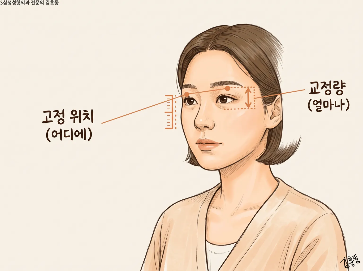 여성 눈가에 고정 위치(어디에)와 교정량(얼마나)을 눈금과 화살표로 나눠 보인 그림