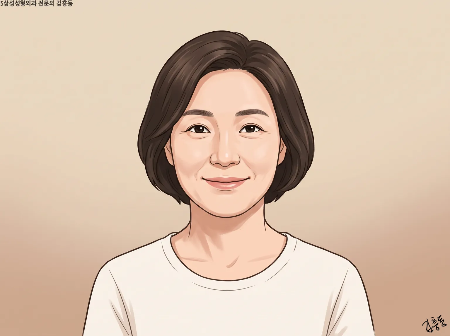 편안하게 미소 짓는 단발머리 여성의 정면 얼굴 그림