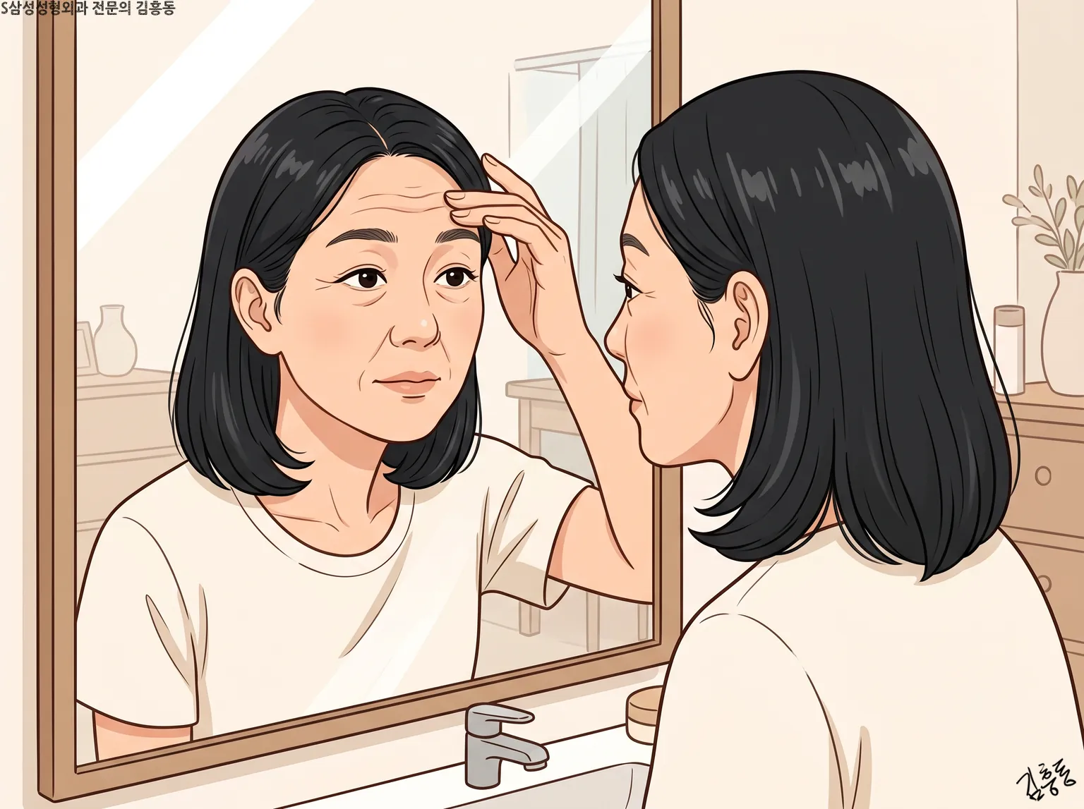 세면대 거울 앞에서 주름진 이마에 손끝을 대고 얼굴을 보는 검은 머리 여성의 모습