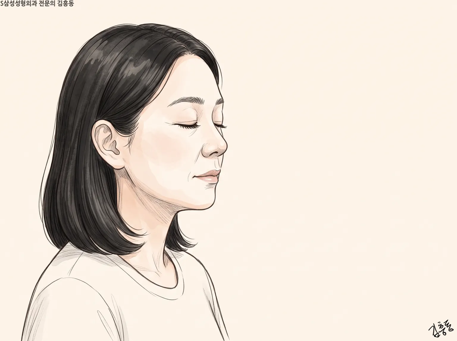 눈을 편안히 감고 있는 검은 단발 여성의 옆얼굴 그림