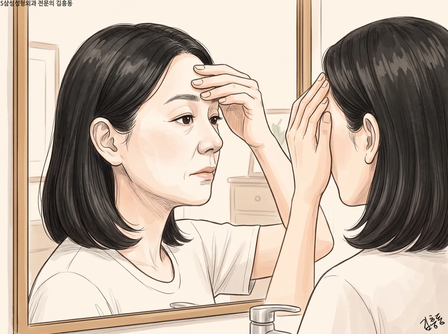 거울 앞에서 손으로 눈썹 위 이마를 눌러 잡고 있는 검은 머리 여성의 모습